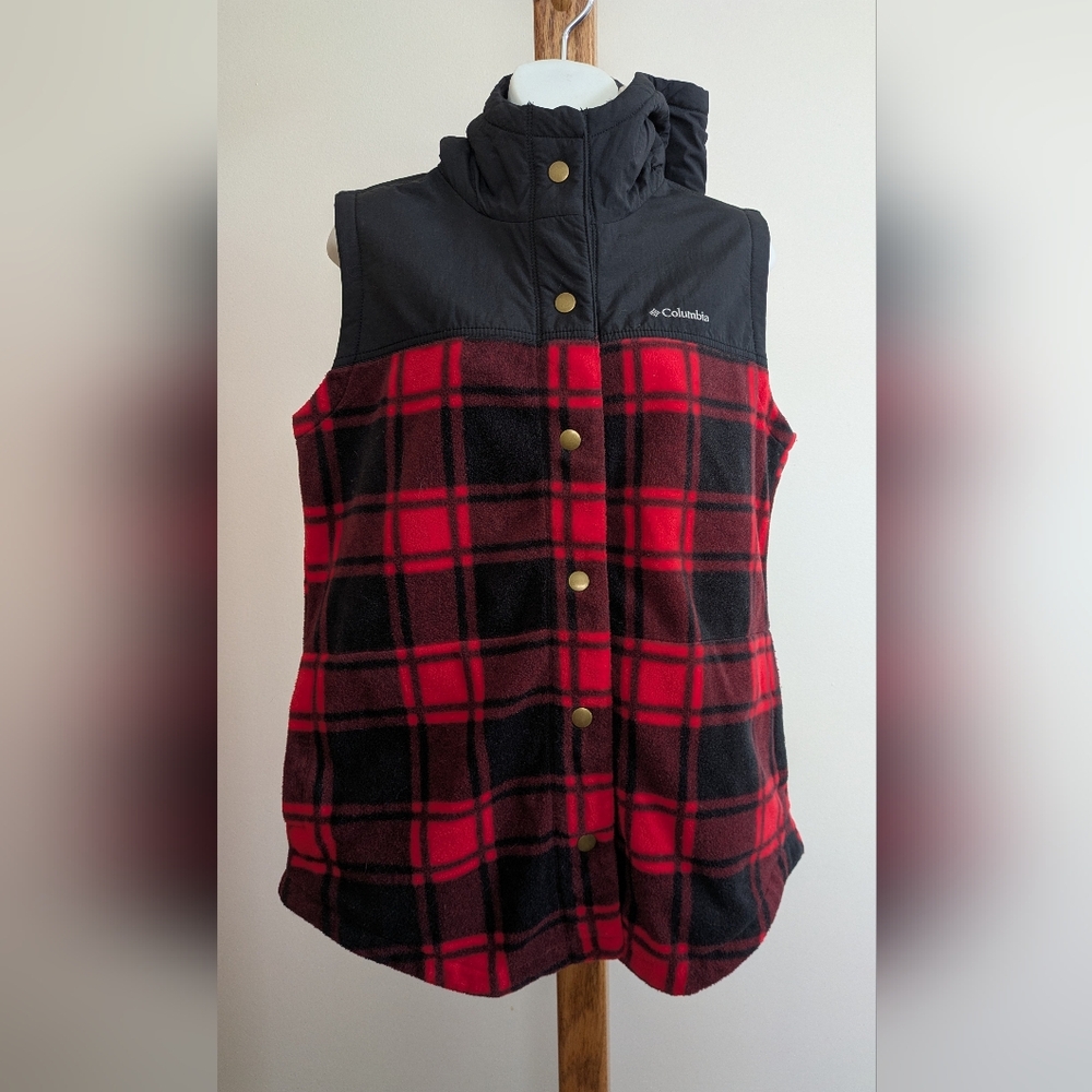 Columbia Red and Black Plaid Fleece Vest